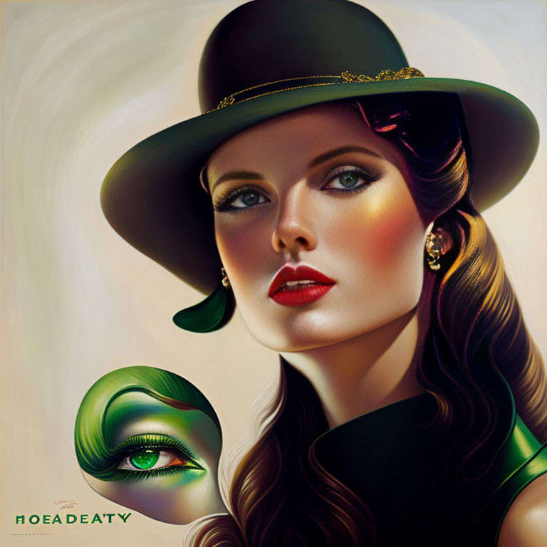 Stylized woman with wavy hair and green hat next to detailed glamorous eye