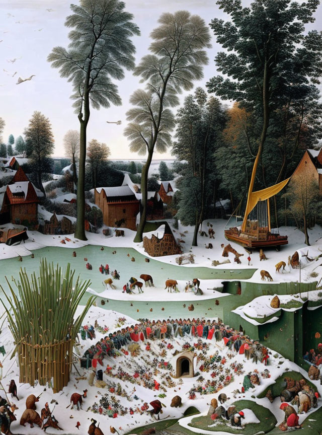 Detailed Snowy Village Painting with Ship, Animals, and Nativity Scene