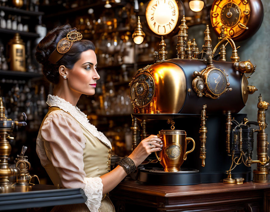 Victorian woman using steampunk coffee machine among vintage clocks and brass decor
