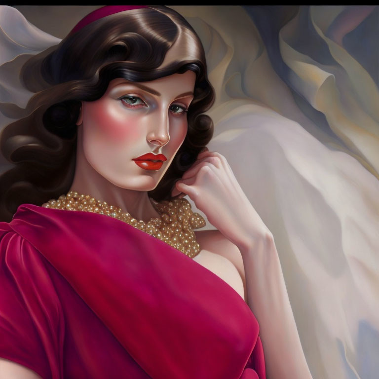 Illustrated portrait of woman with wavy hair, red lipstick, pearl necklace, draped red garment