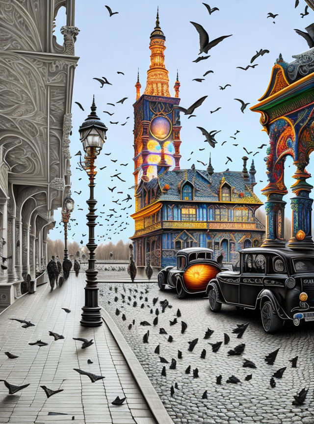 Vintage car, glowing lights, clock tower, birds in street scene
