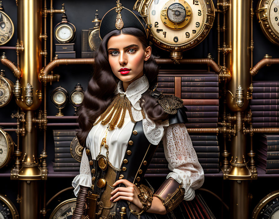 Steampunk-themed woman with hat among vintage clocks and gears