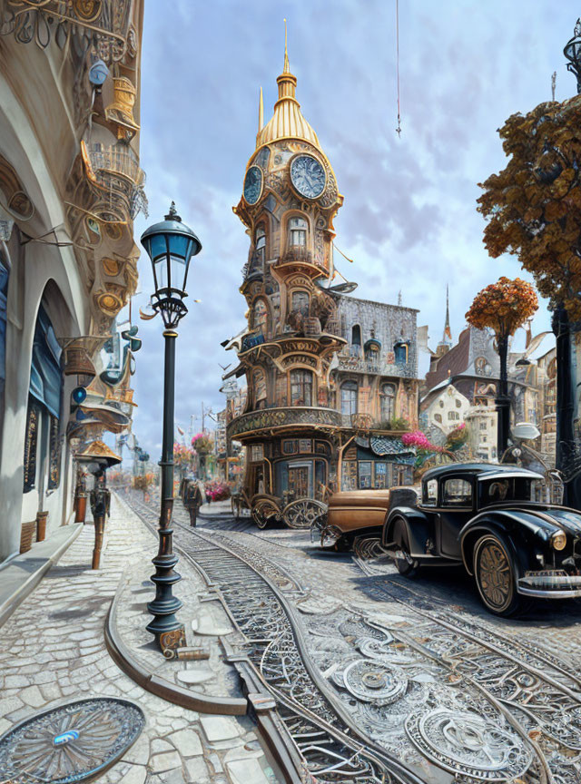 Vintage car and clock tower on whimsical cobblestone street