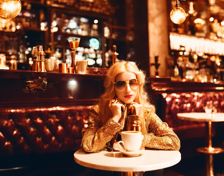 Pensive woman in sunglasses at bar with coffee cup