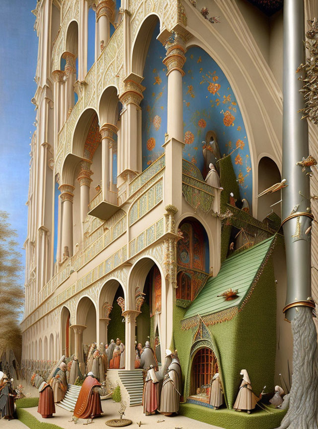 Detailed Medieval Scene with Grand Building and Period-Attired Figures