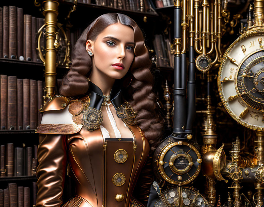 Steampunk-themed woman in copper outfit with gears, surrounded by clockwork and books