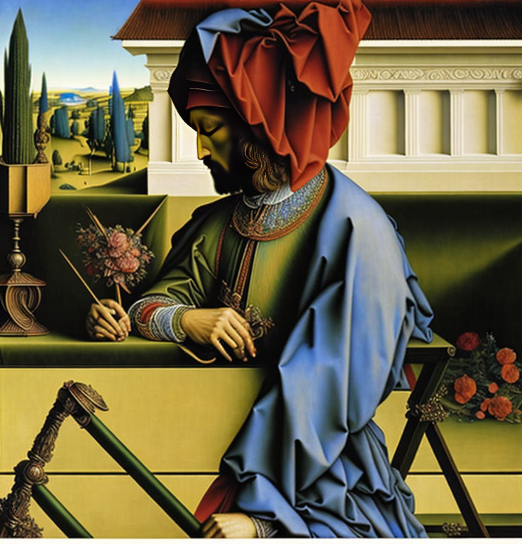 Detailed Painting of Man in Red Turban Holding Flower with Ornate Balustrade