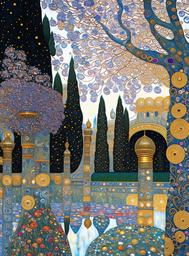 Ornate stylized painting of swirling trees and golden domes