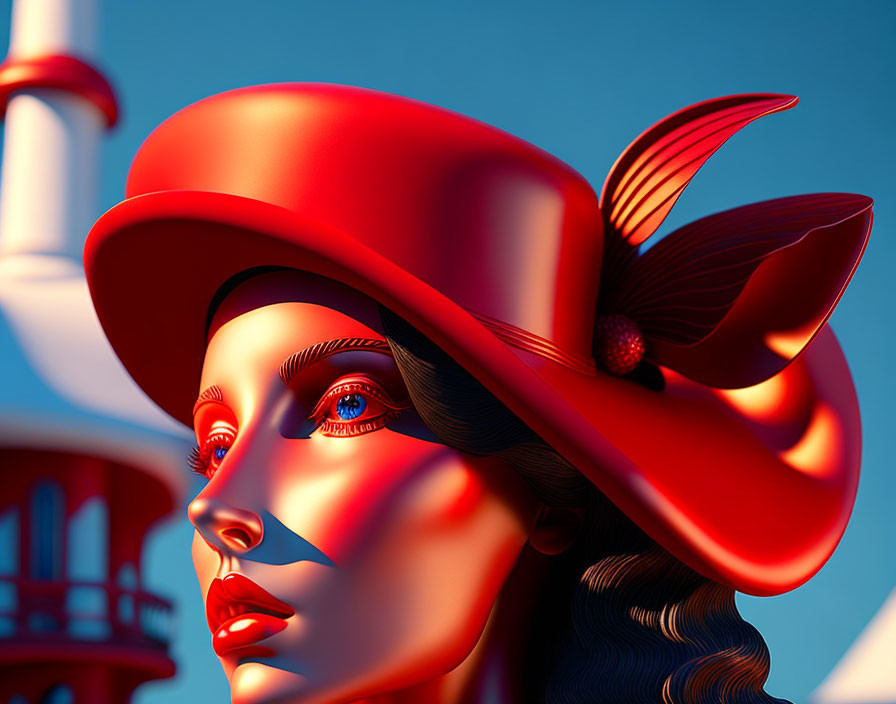 Digital portrait of woman with red hat and blue eyes by lighthouse