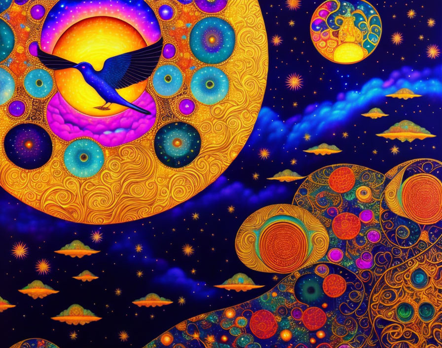Colorful cosmic artwork featuring bird, celestial bodies, and swirling patterns.