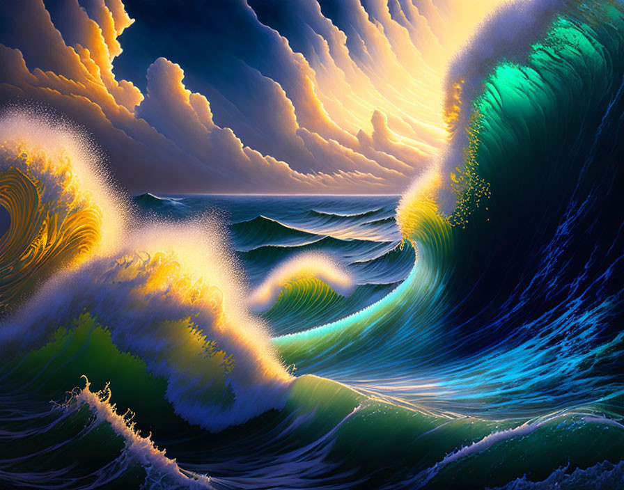 Digital Art: Towering Ocean Waves Under Dramatic Sky