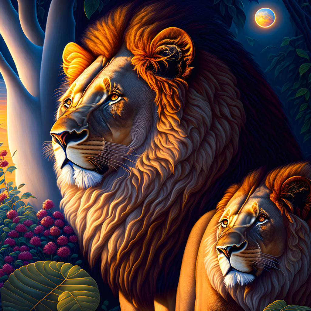 Majestic lions with glowing manes in vibrant moonlit jungle