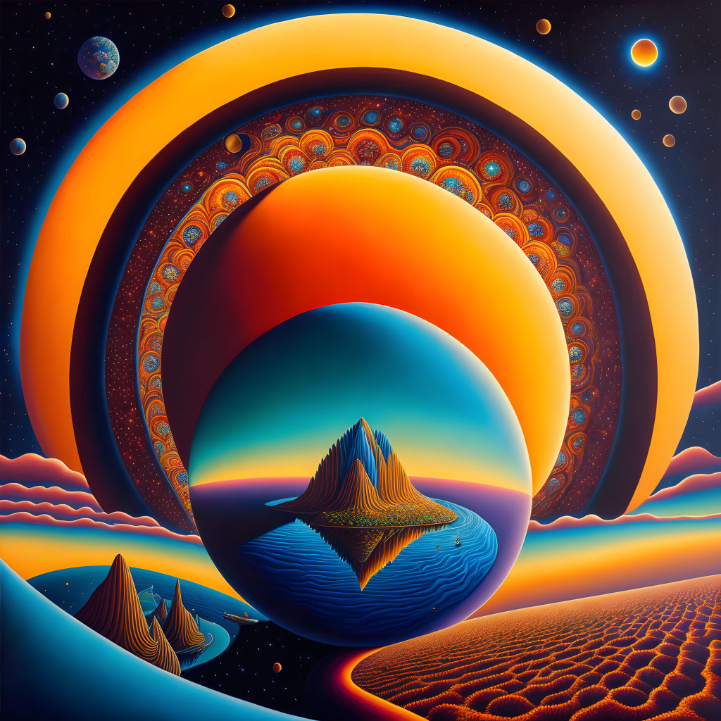 Colorful surreal landscape with stylized mountains, rings, and orbs in starry sky
