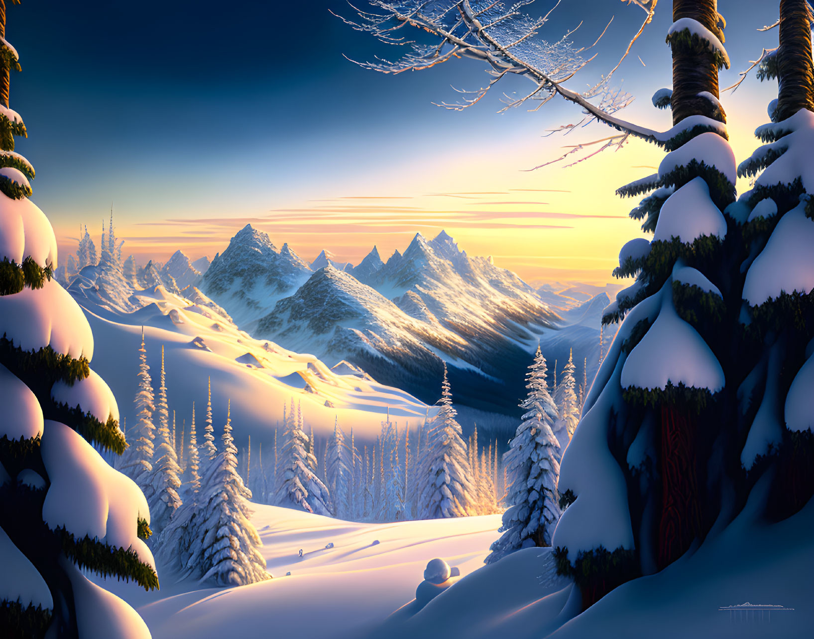 Snowy Mountains and Pine Trees in Twilight Winter Scene