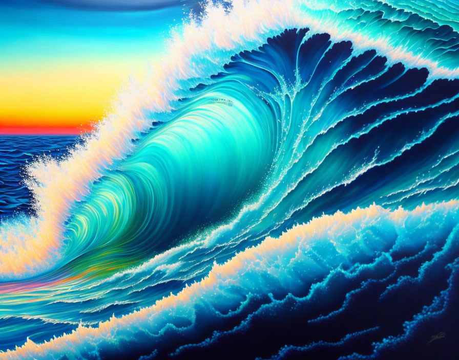 Colorful painting of a blue wave under sunset sky