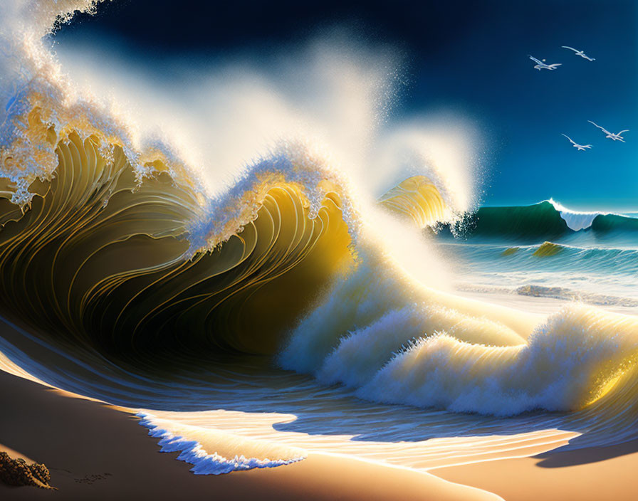 Vibrant digitally illustrated ocean scene with golden wave and seabirds