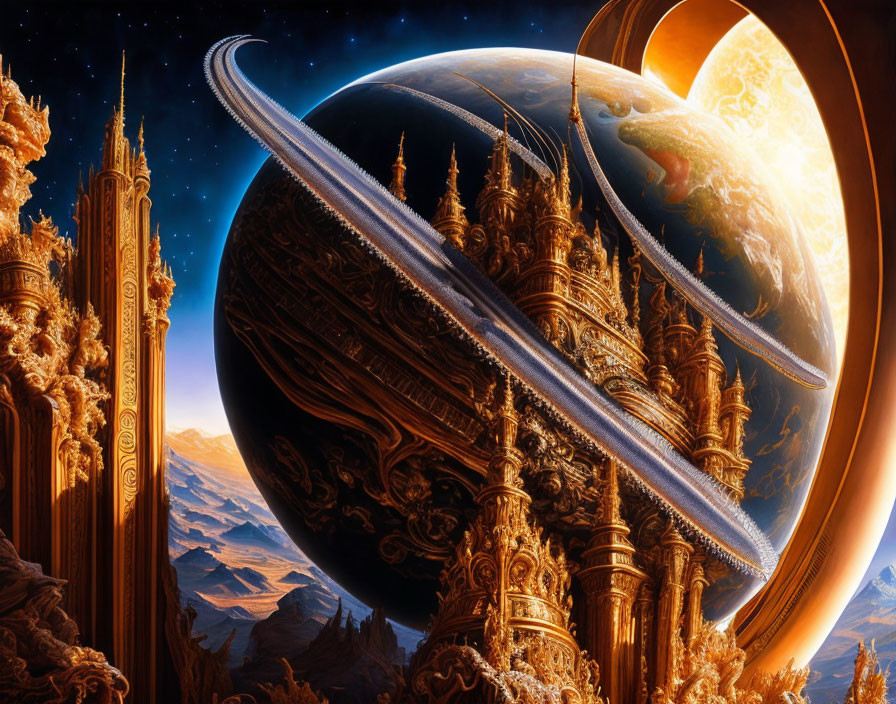 Fantastical landscape with golden structures and ringed planet in cosmic backdrop