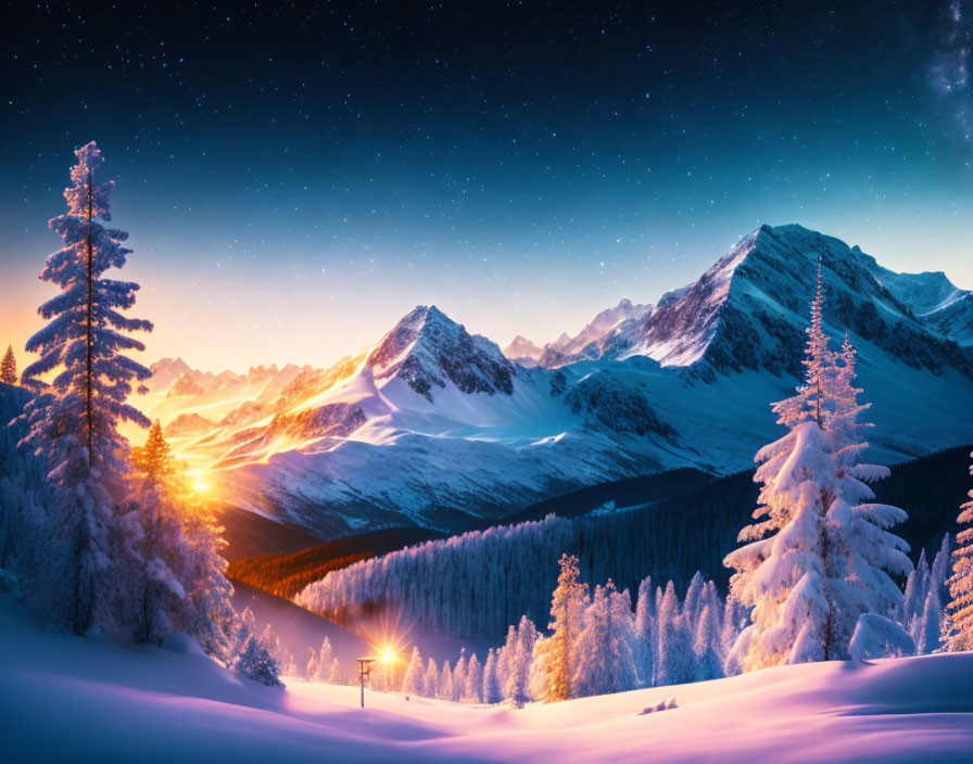 Snow-Covered Mountain Landscape at Sunrise