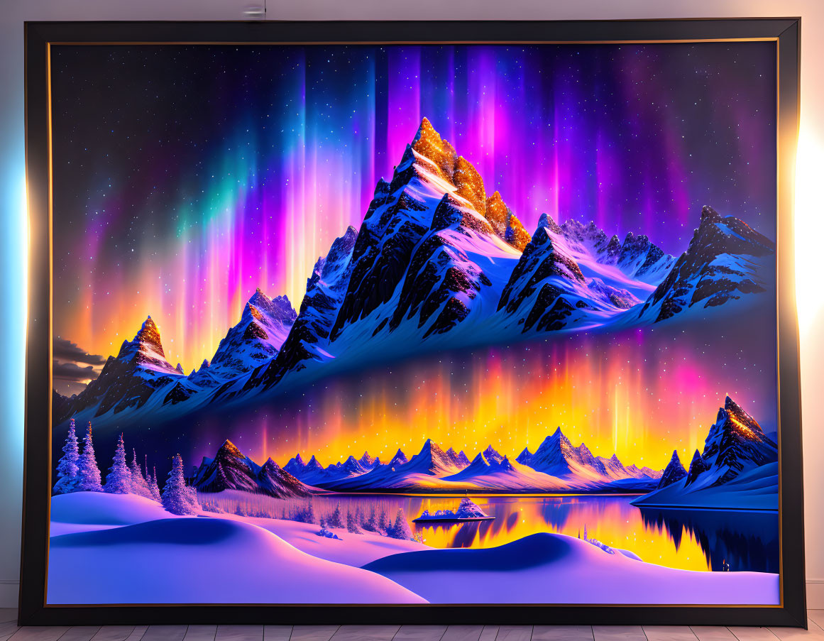 Colorful aurora over mountain range on large indoor screen