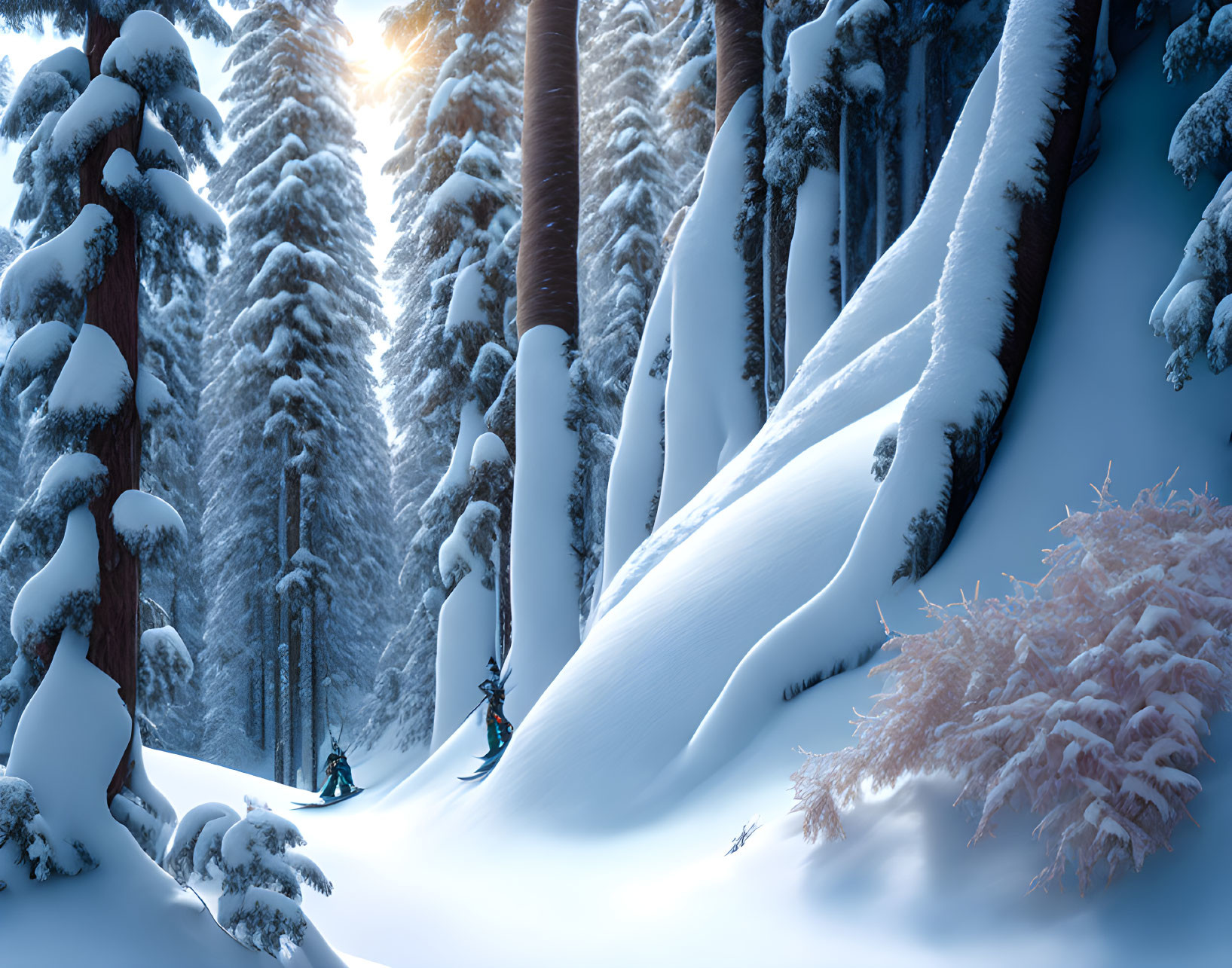 Snow-covered forest with skiers in tranquil clearing