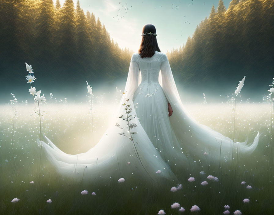 Woman in white dress in serene meadow with flowers and golden-lit forest