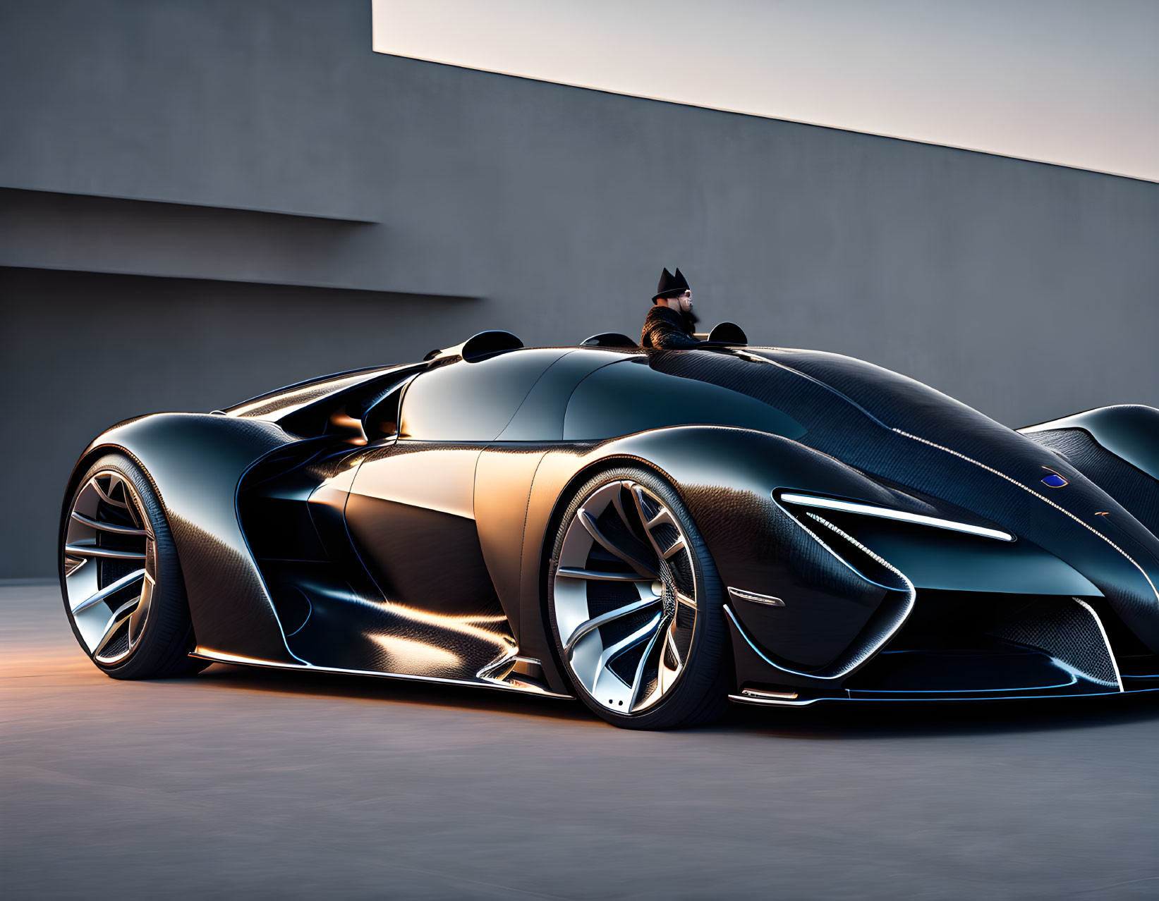 Futuristic black supercar with aerodynamic curves in minimalistic twilight setting