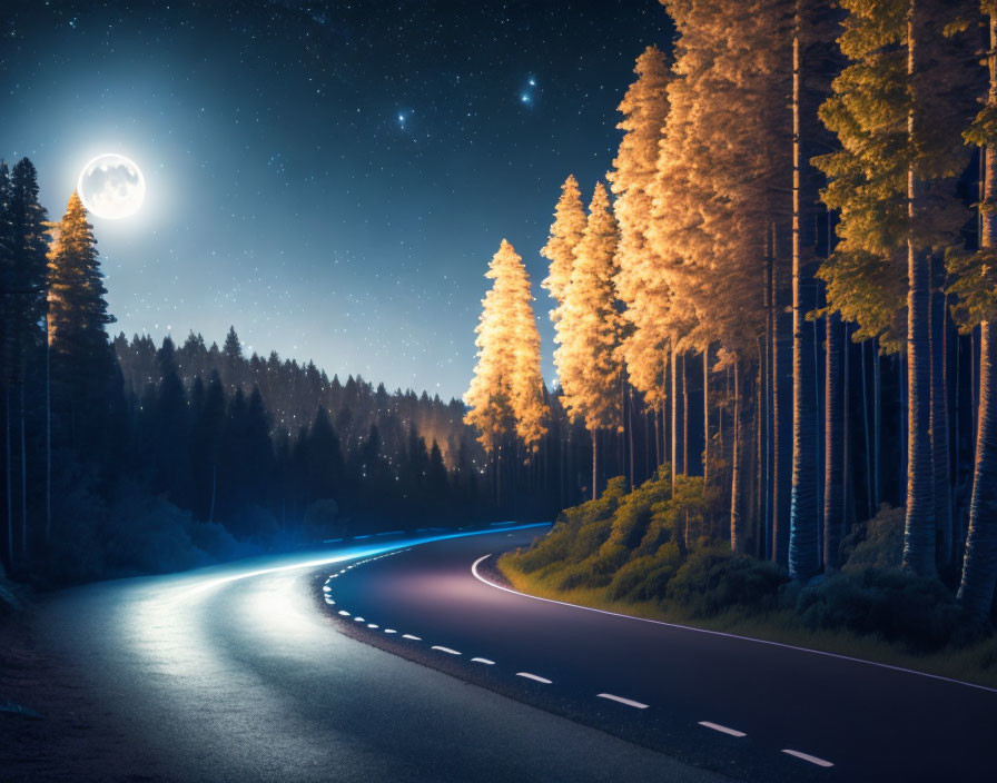 Night road in the forest