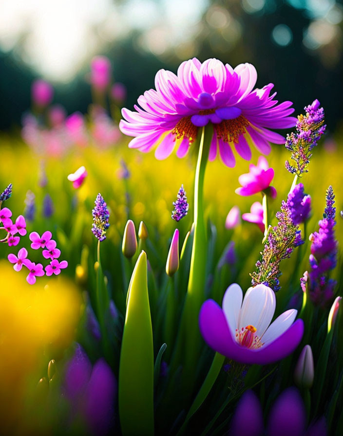 Colorful garden featuring vibrant pink daisy and purple & yellow flowers