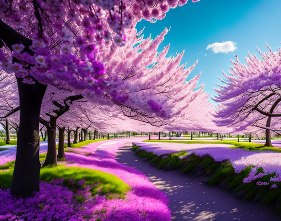 Pink Cherry Blossom Path with Purple Flowers under Blue Sky