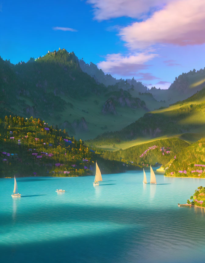Tranquil lake scene with sailboats, lush hills, and colorful village at sunrise