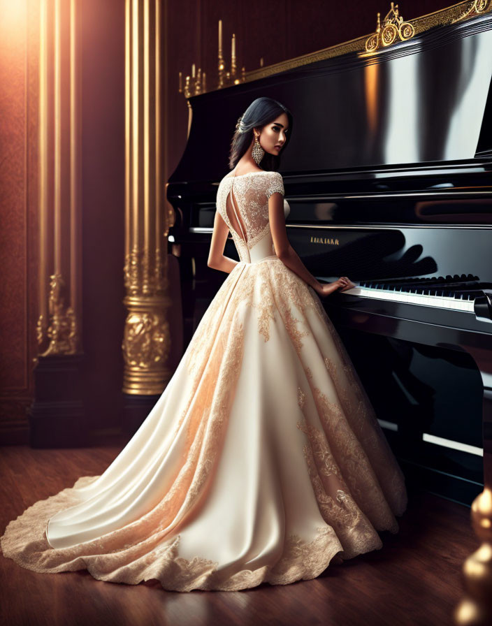 Elegant woman in floor-length gown by grand piano in luxurious room