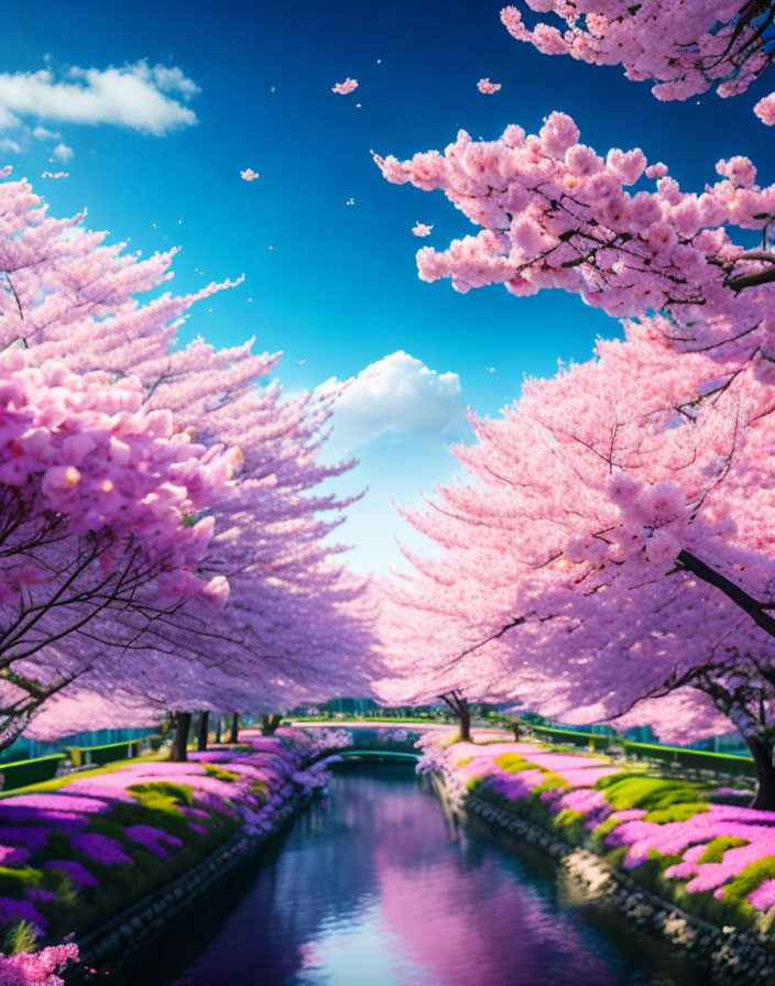 Tranquil river with pink cherry blossoms, purple flowers, and blue sky