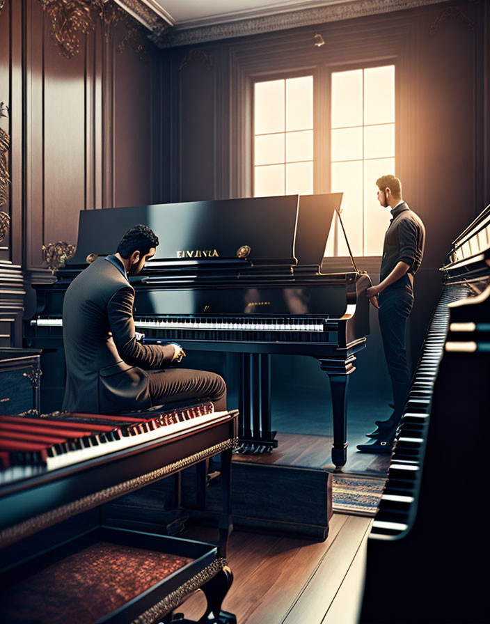 Two men in elegant room: one plays grand piano, other stands by window in contemplative ambiance