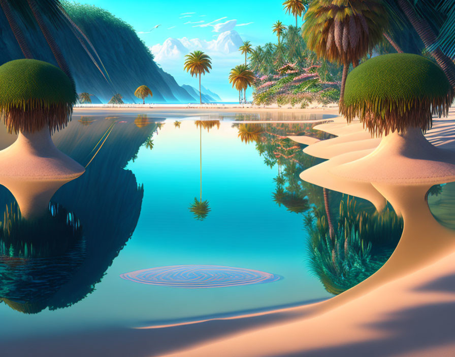 Surreal tropical landscape with mirrored water and distant mountains