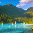 Tranquil lake scene with sailboats, lush hills, and colorful village at sunrise