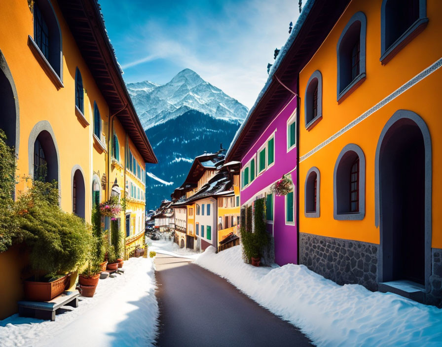Snowy street with colorful houses and mountain backdrop.