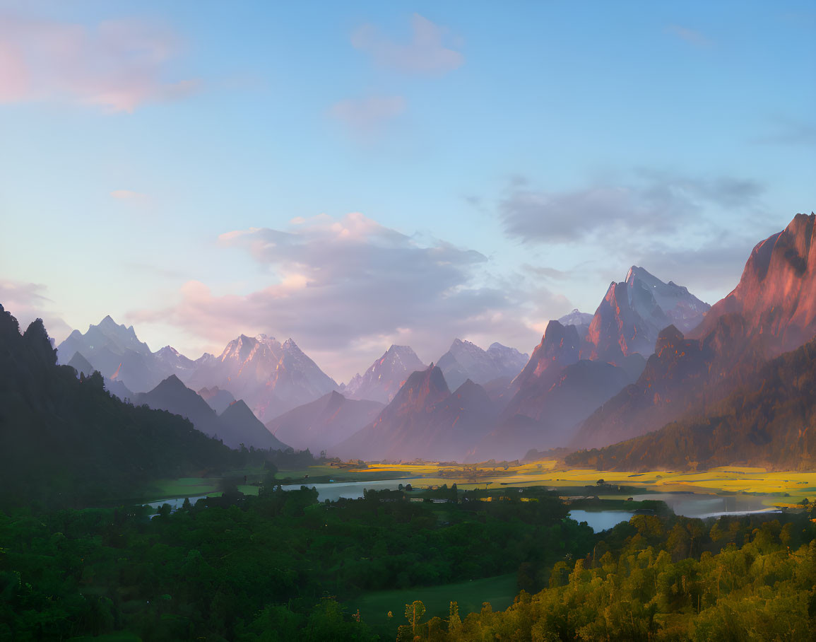 Tranquil landscape with river, valley, and mountain peaks