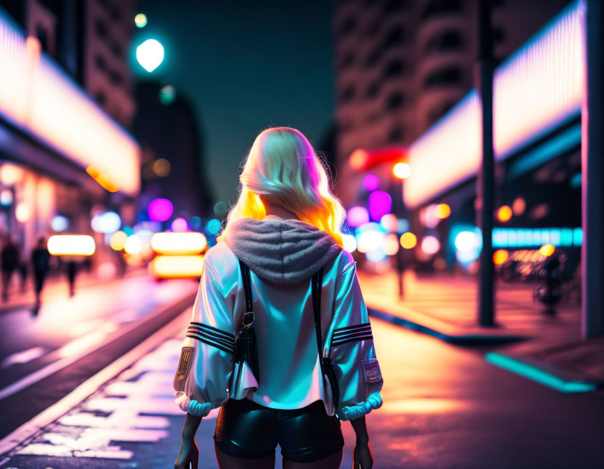 Blonde-haired person in neon-lit city at night