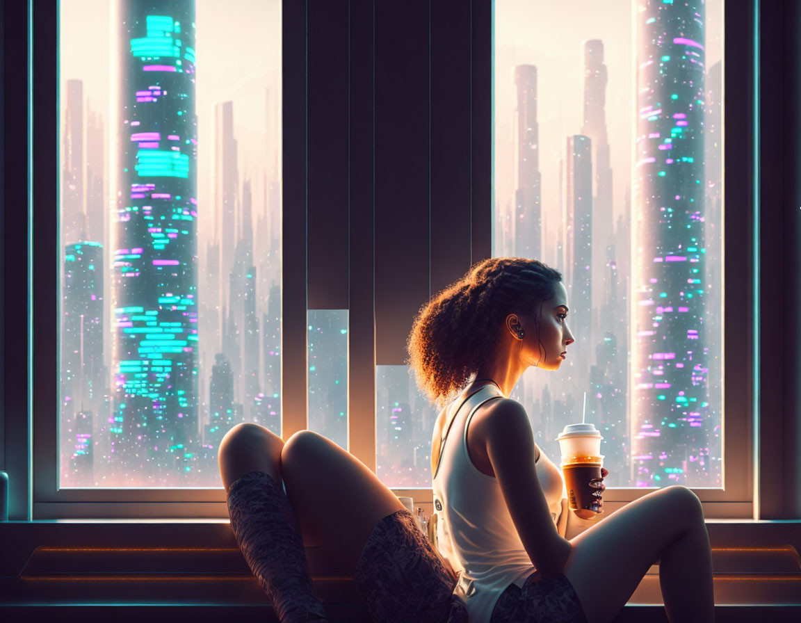 Woman enjoying coffee by window overlooking futuristic cityscape at twilight