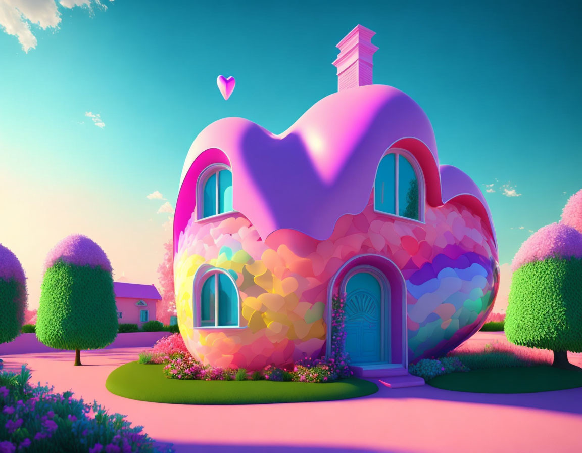 Colorful Heart-Shaped House with Topiaries and Floating Heart