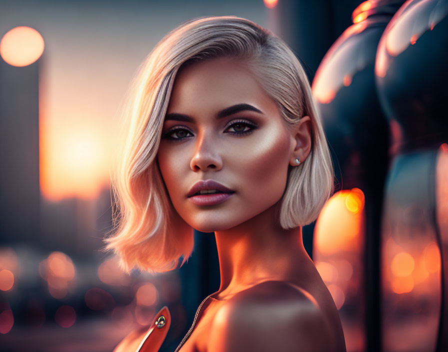 Blonde woman with bold makeup against sunset city backdrop