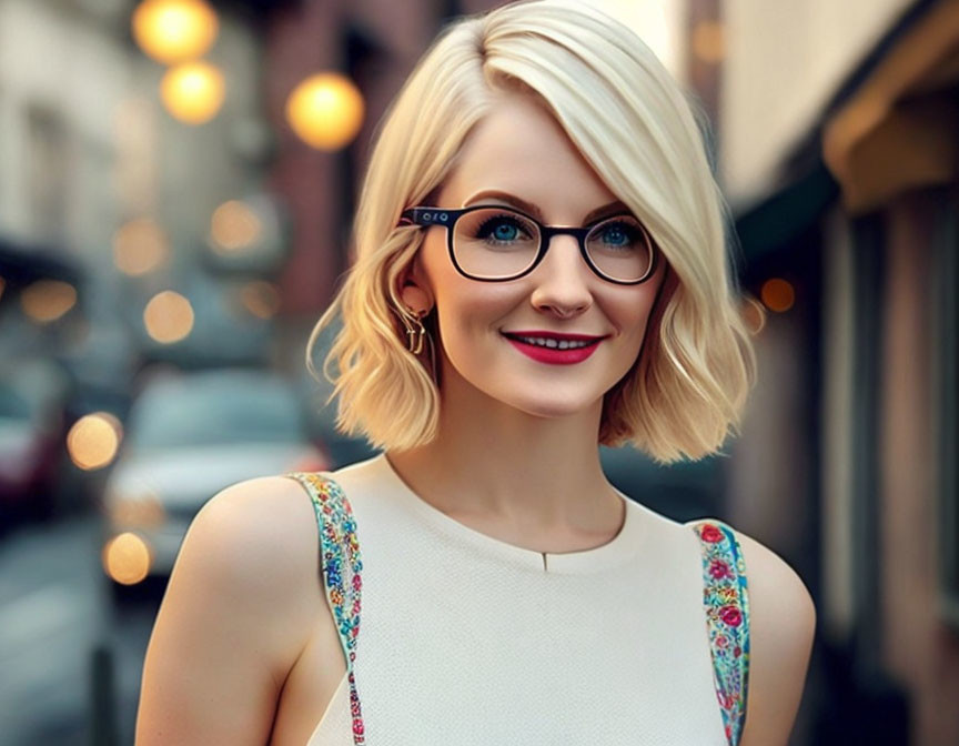 Blonde Woman in Glasses Smiling on Street with Blurred Lights
