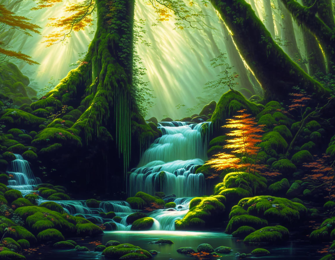 Moss-covered rocks and trees in misty forest with serene waterfall
