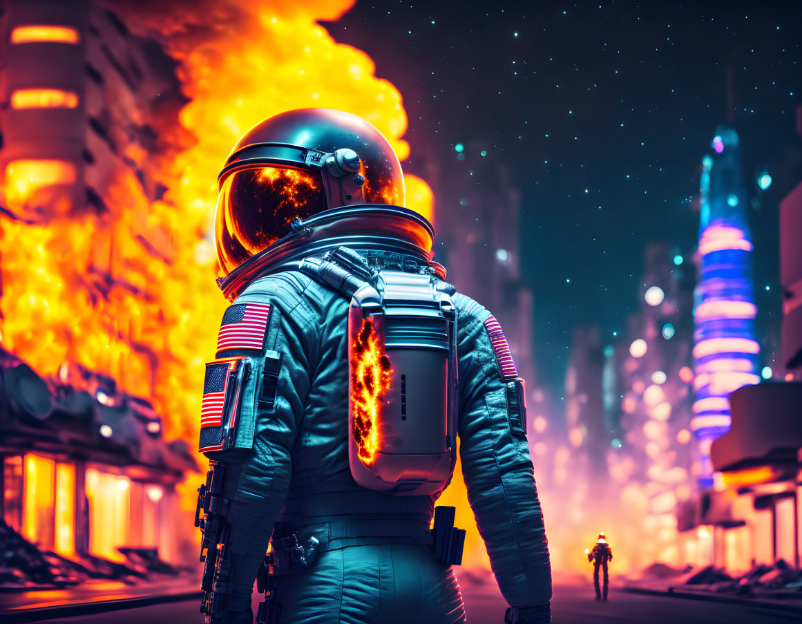 Astronaut facing futuristic city with fiery explosions under starry night sky