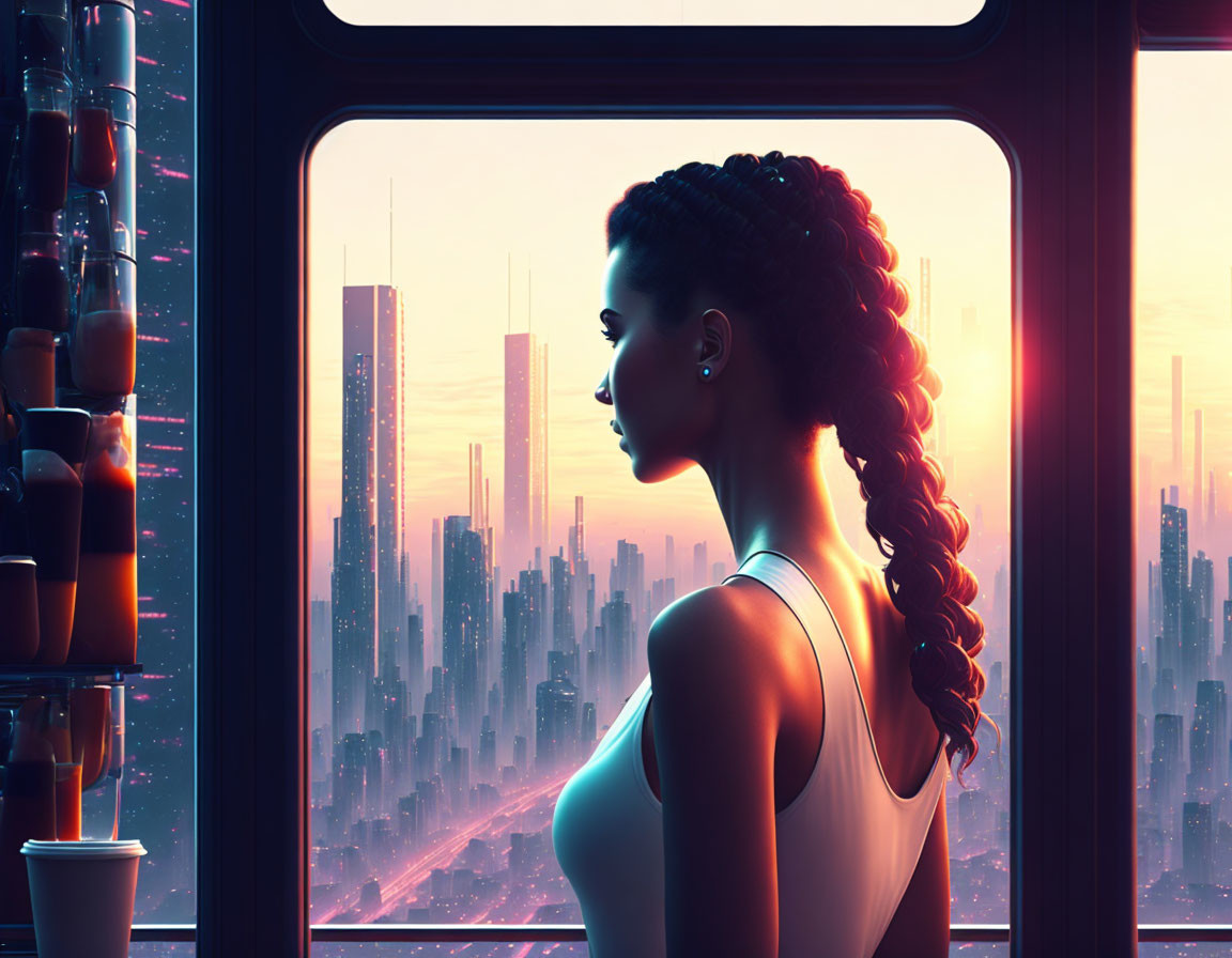 Braided hair woman looking at futuristic cityscape at sunset.