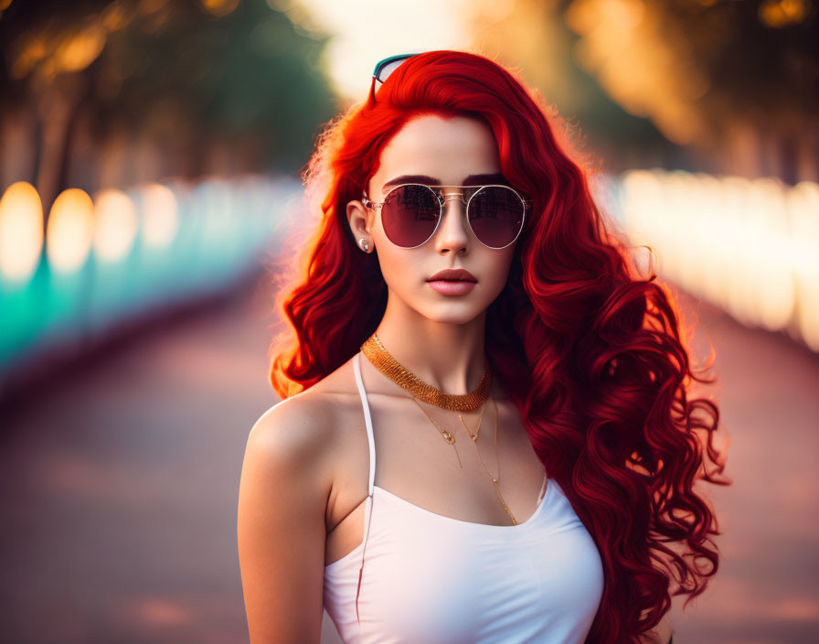 Vibrant red-haired woman in sunglasses outdoors with soft-focus background