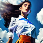 Woman with Long Flowing Hair in White Shirt and Orange Skirt against Blue Sky