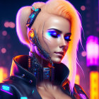 Futuristic digital art: Woman with punk hairstyle and neon makeup in cityscape