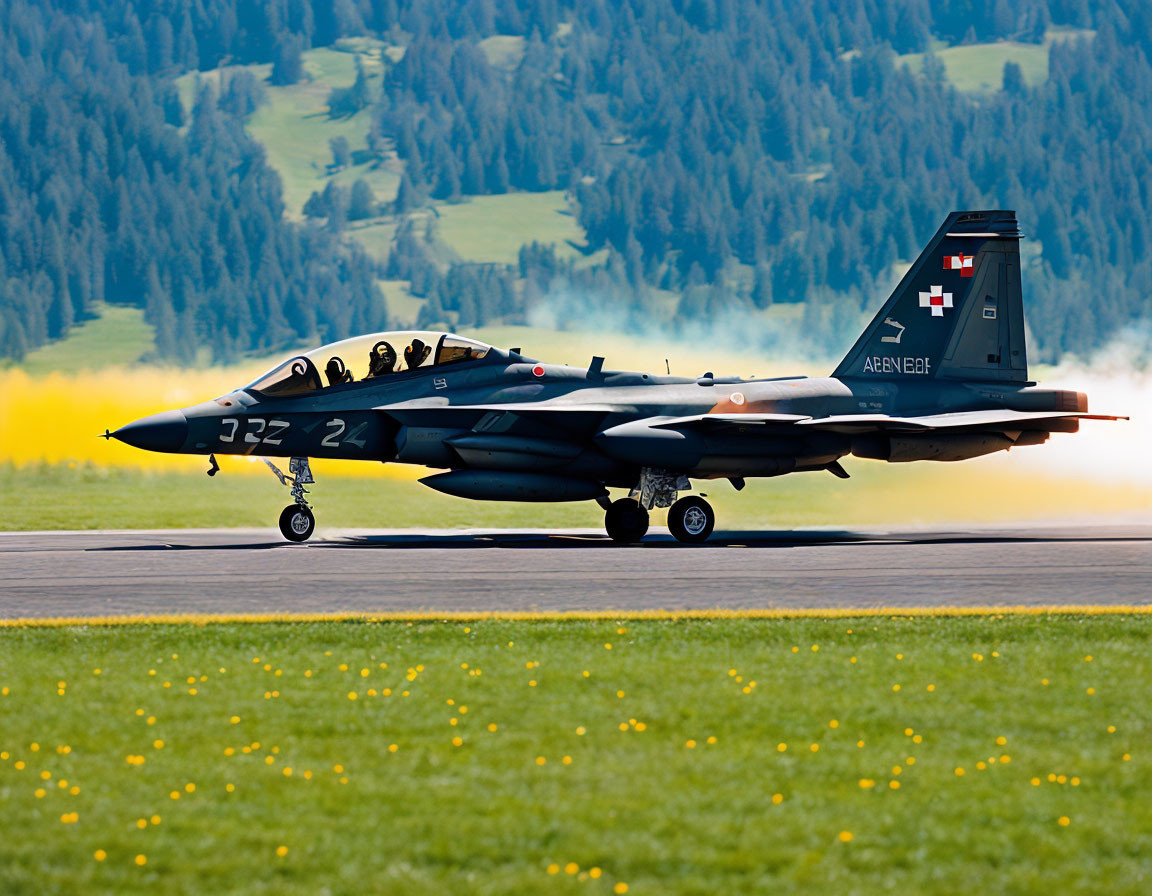 Swiss military fighter jet on runway emitting exhaust smoke in green field setting