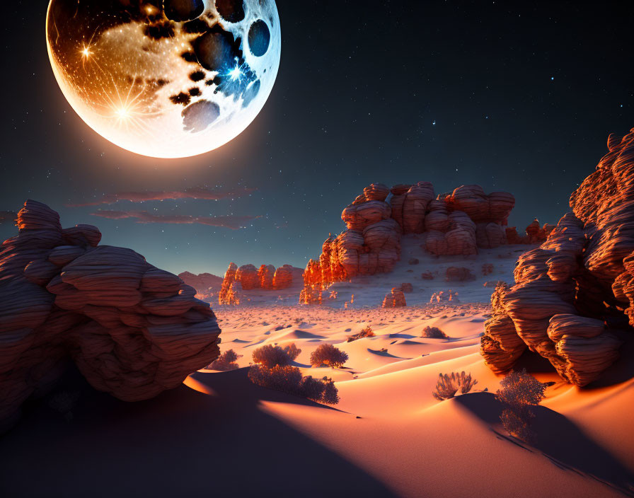 Desert landscape with eroded rocks, sand dunes, sparse vegetation, and massive moon at night